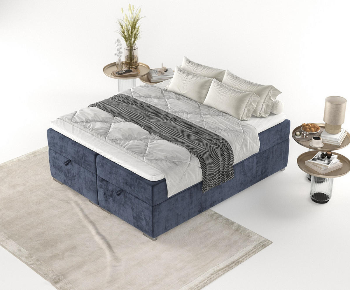 BOXBETT Reto 140/200 cm Marineblau im Lotta Stoff - Chromfarben/Dunkelblau, Holz/Holzwerkstoff (140/200cm) - AltaBeds