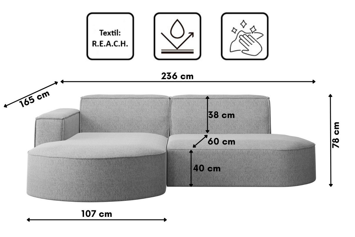 ECKSOFA MODENA L STUDIO Stoff Verita Grau Links - Grau, Holz (165/236cm) - Kaiser Möbel