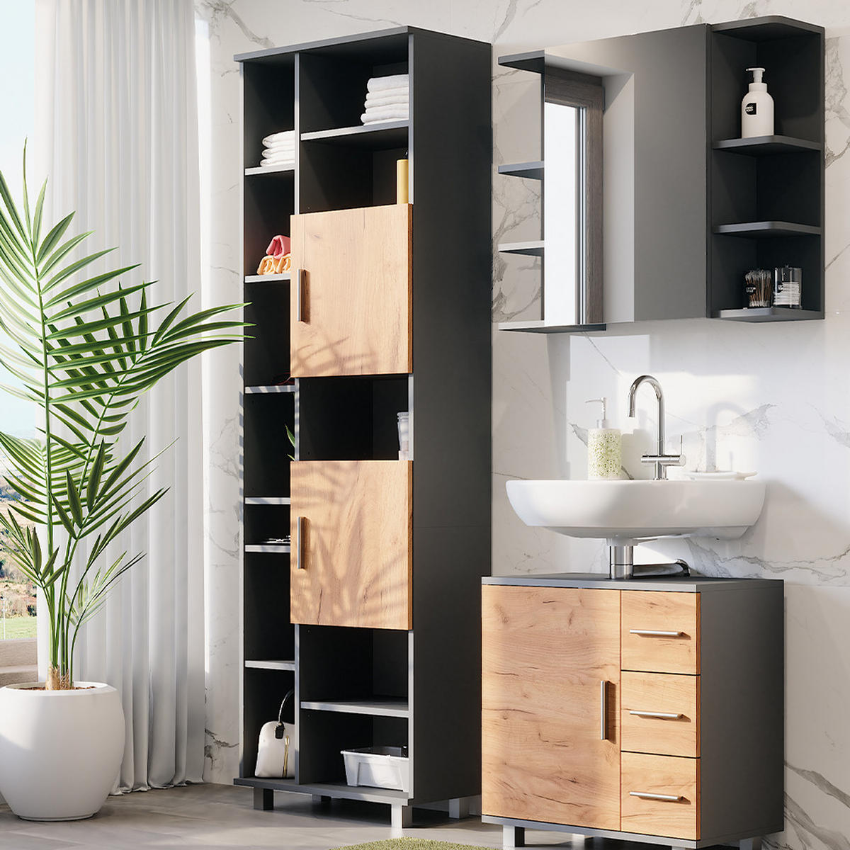 HOCHSCHRANK Ilias Anthrazit/Goldkraft Eiche 60.2 x 190 cm - Honigeiche/Anthrazit, Holzwerkstoff (60.2/190/30cm) - Vicco
