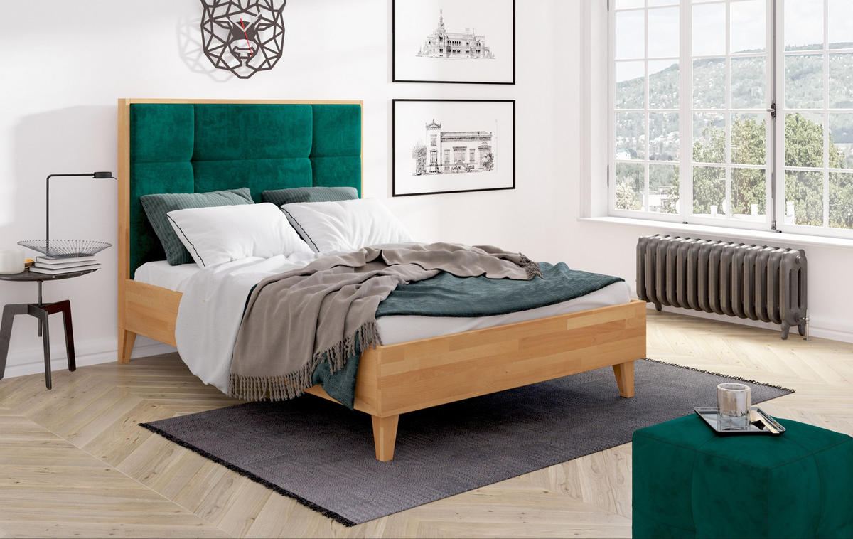 MASSIVHOLZBETT Frida, gepolstertes Kopfteil, Buche - lackiert, Naturfarben/Grün, 160x200 - Buchefarben/Grün, Holz/Buchenholz (160/200cm) - Visby