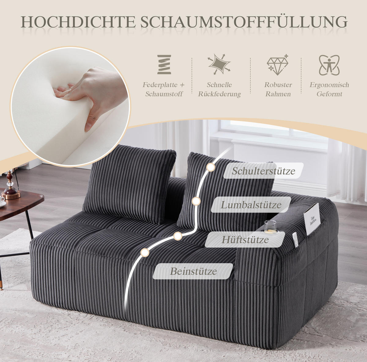 2-SITZER Sofa Cordstoff mit Seitenfächern und Becherhaltern 158/93/61 cm Dunkelgrau - Dunkelgrau, Textil (93/61/158cm) - Redom