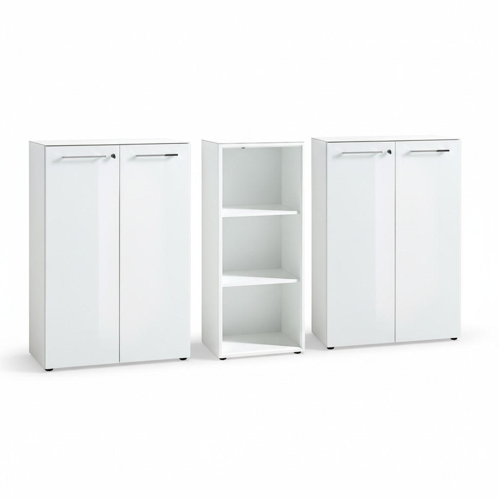 BÜRO-SET MUENCHEN 3-teilig Weiß | 2 Kommode x Regal | Glas Front & Abschließbar - Weiß, Holzwerkstoff/Metall (240/120/37cm) - KADIMA DESIGN
