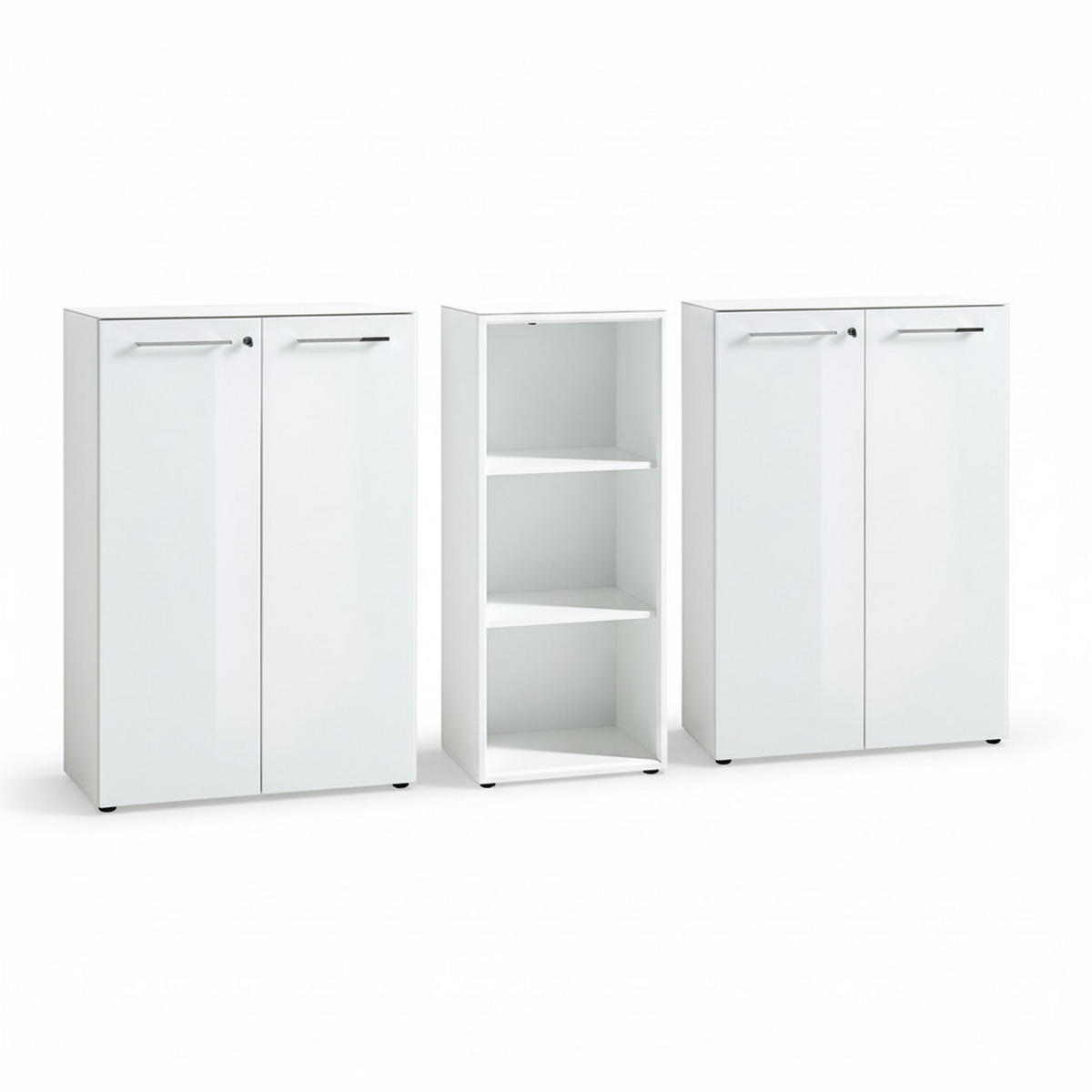 BÜRO-SET MUENCHEN 3-teilig Weiß | 2 Kommode x Regal | Glas Front & Abschließbar - Weiß, Holzwerkstoff/Metall (240/120/37cm) - KADIMA DESIGN