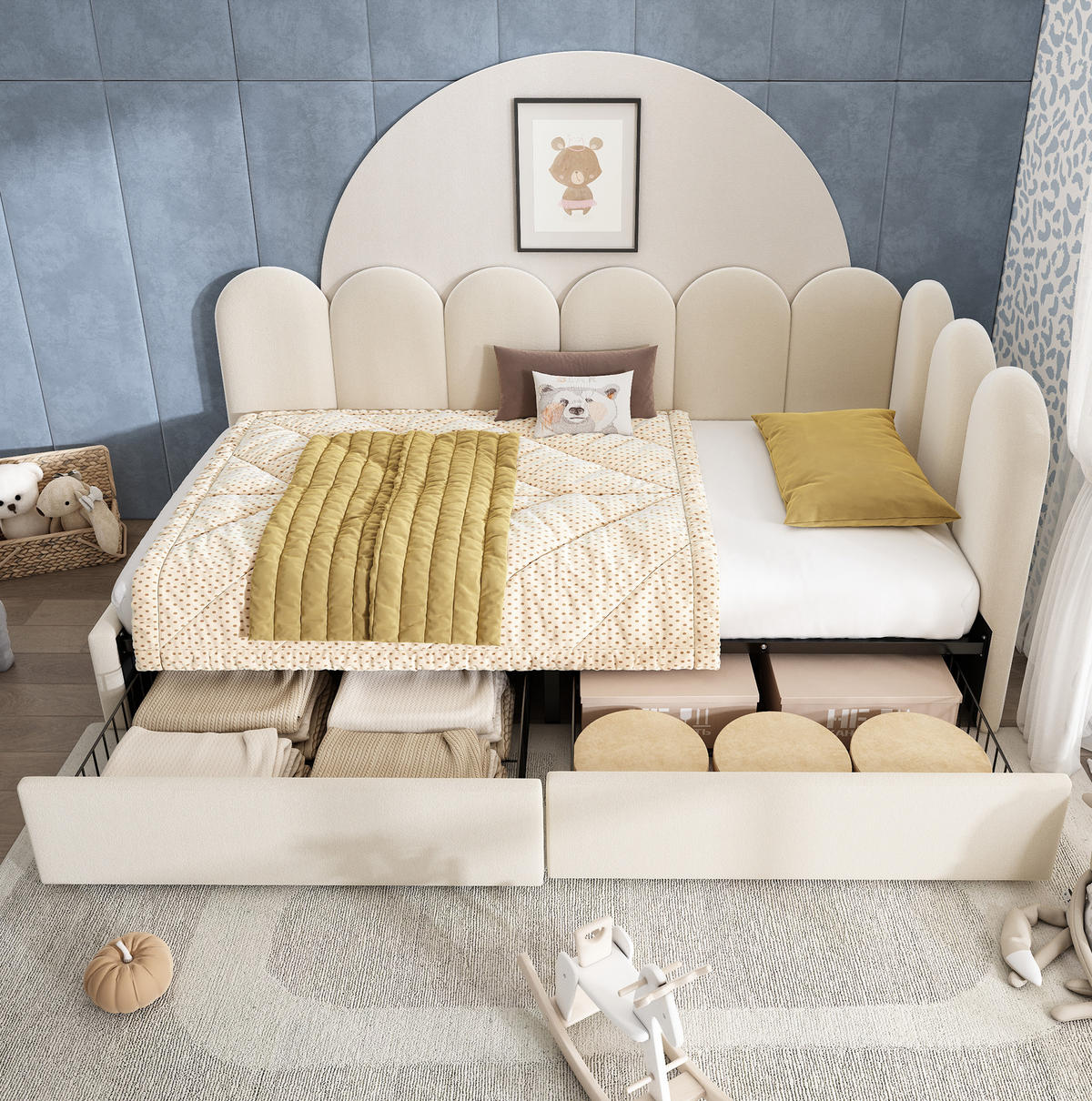 POLSTERBETT 90/200 cm in Beige mit 2 Schubladen und Samtbezug - Beige, Textil (90/200cm) - Flora Grace