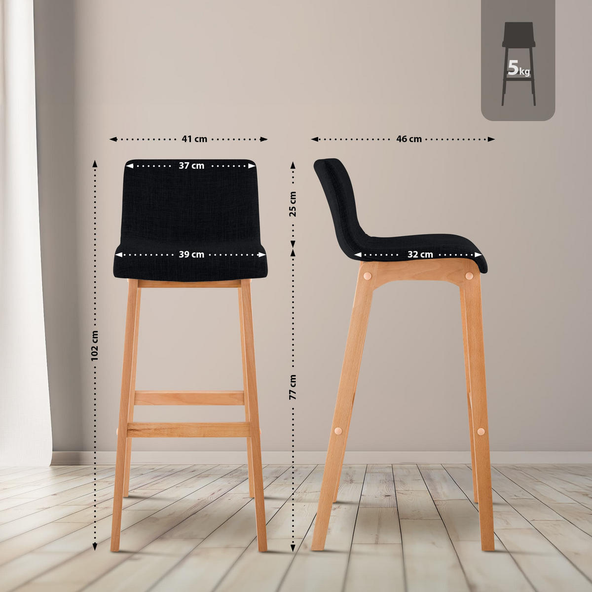BARHOCKER 2er Set Stoff schwarz - Eukalyptusholzfarben/Schwarz, Holz/Textil (41/102/46cm) - CLP