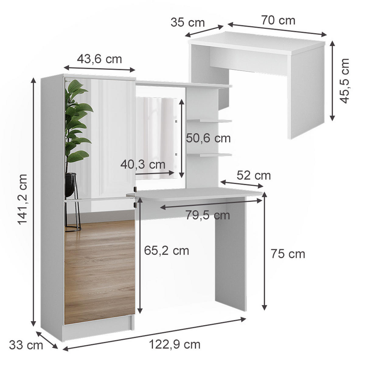 FRISIERKOMMODE Jasmin Weiß 123 x 141.2 cm mit Bank - Weiß, Holzwerkstoff (123/141.2/33cm) - Vicco