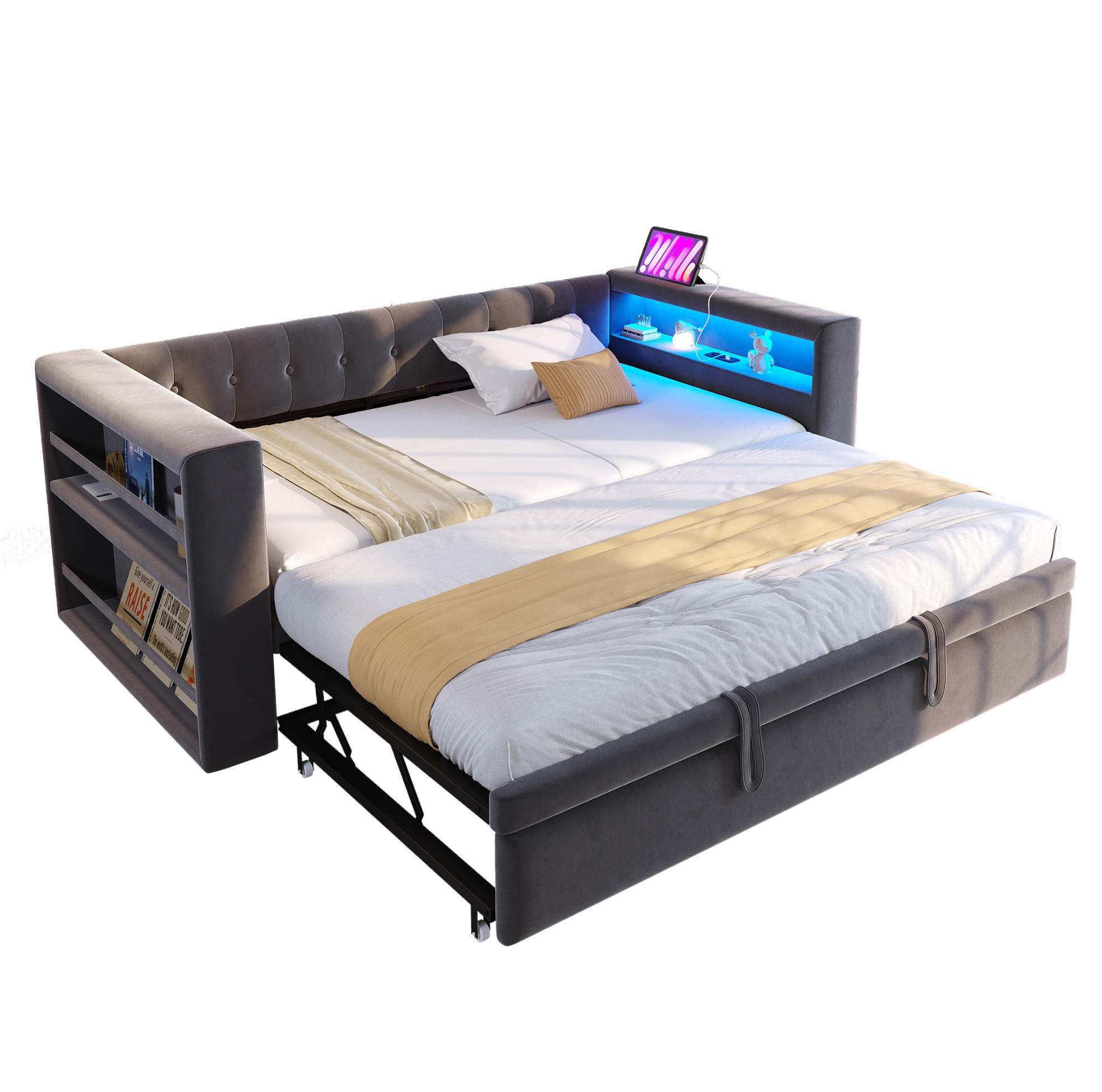ROZKLÁDACÍ postel 90/180 x 190 cm s LED osvětlením, zásuvkou a úložnými područkami, Tmavě šedá - tmavě šedá, textil (90/190cm) - Redom