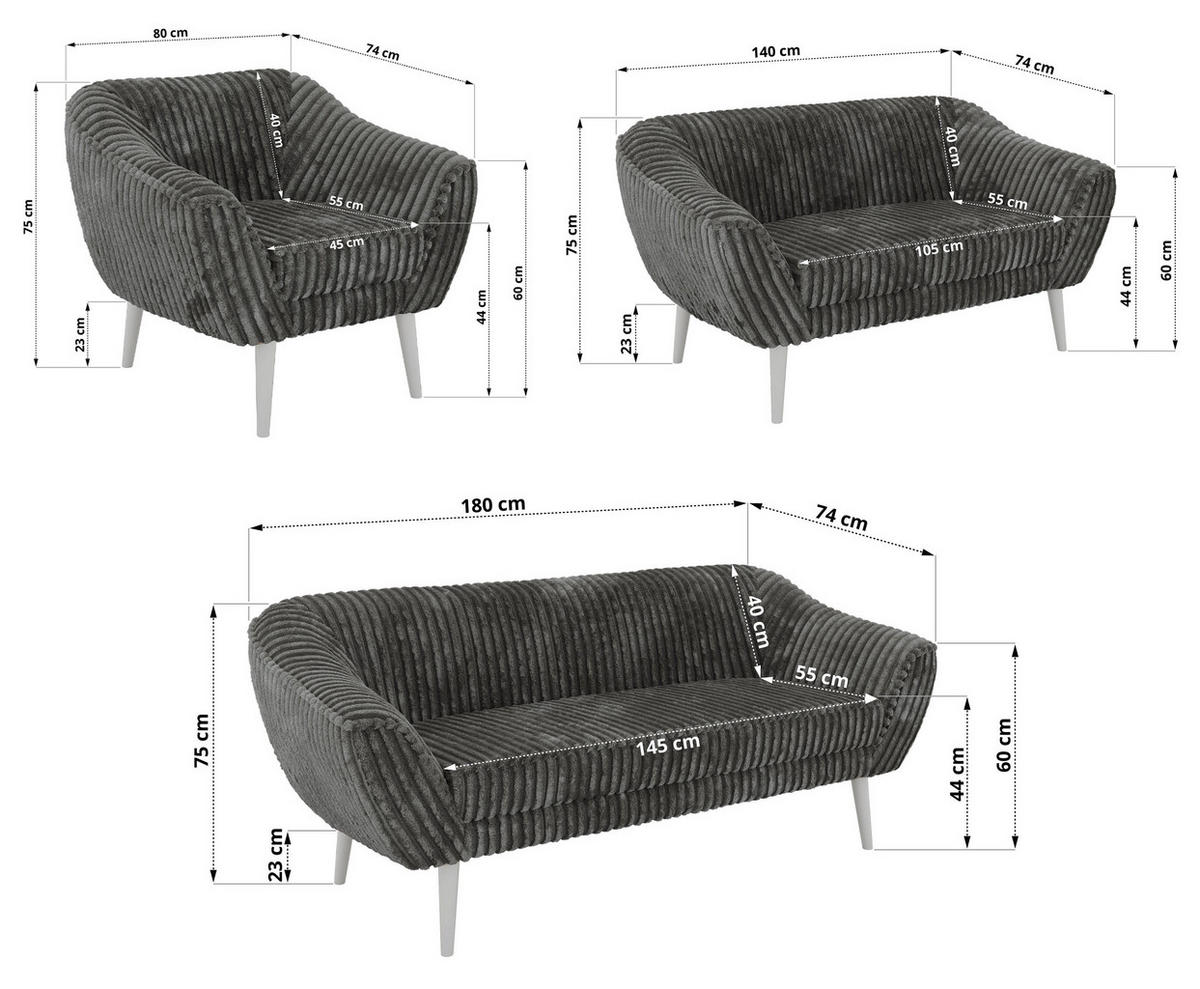 SITZGARNITUR PIRS 3+2+1 - Grau Cord - Weiße Beine - Weiß/Grau, Holzwerkstoff/Textil (180/75/74cm) - MKS