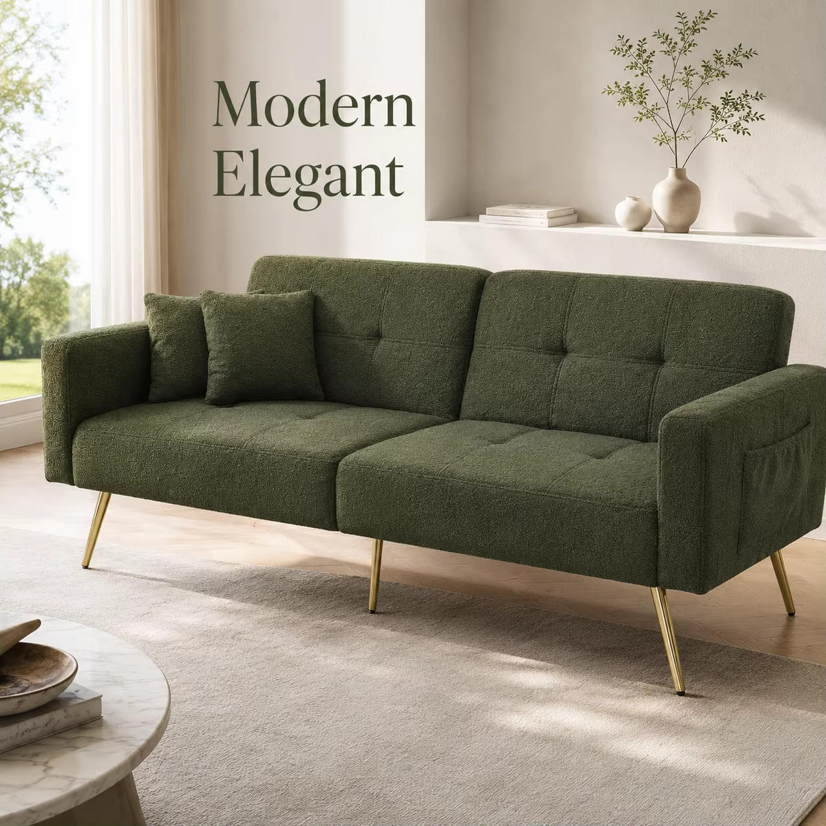 SCHLAFSOFA 2-Sitzer Sherpa, Verstellbare Rückenlehne mit Bettfunktion, Antikgrün - Dunkelgrün, Textil (175/72/64cm) - Kaket