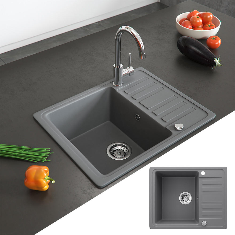 SPÜLBECKEN Grau 57.5 x 46 cm mit Trockenplatz - Dunkelgrau, Keramik (57.5/19/46cm) - Bergstroem