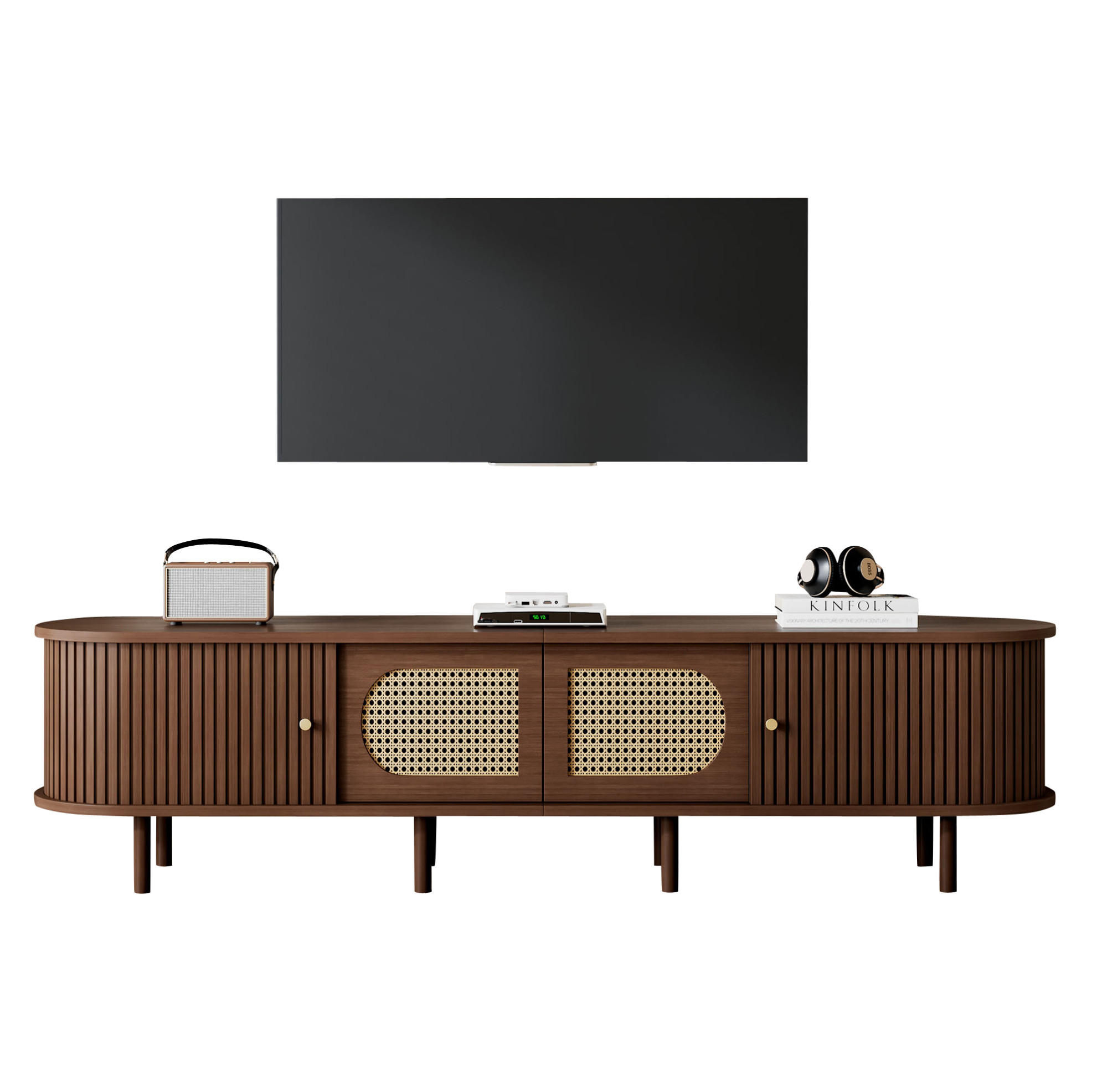 LOWBOARD 180/40/40 cm aus MDF mit Rattan-Fronten und Rollladentüren Walnussfarben - Braun, Holzwerkstoff (180/40/40cm) - Modenvie