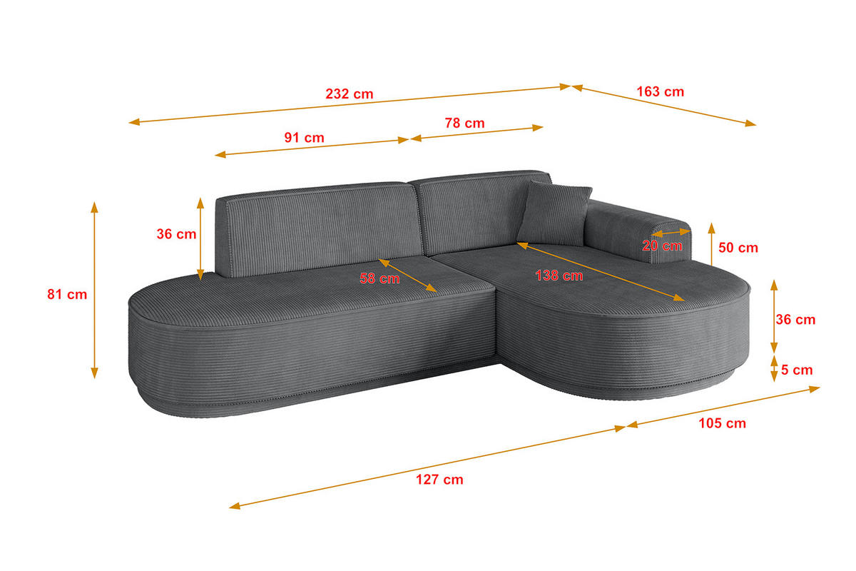 ECKSOFA Ottomane Rechts MARI-L1 - 232x163x81 cm Dunkelgrau Cord - Dunkelgrau/Schwarz, Holzwerkstoff/Kunststoff (234/163cm) - ALTDECOR