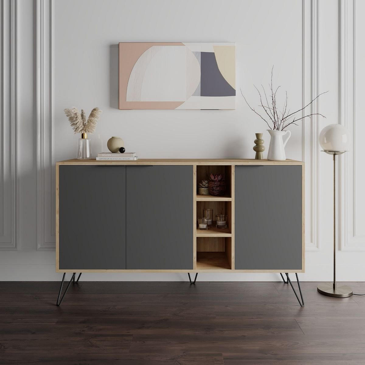 SIDEBOARD 3 Nischen und 3 Türen L142 cm - Clara - Anthrazit, Holzwerkstoff (35.6/83/142cm) - Calicosy