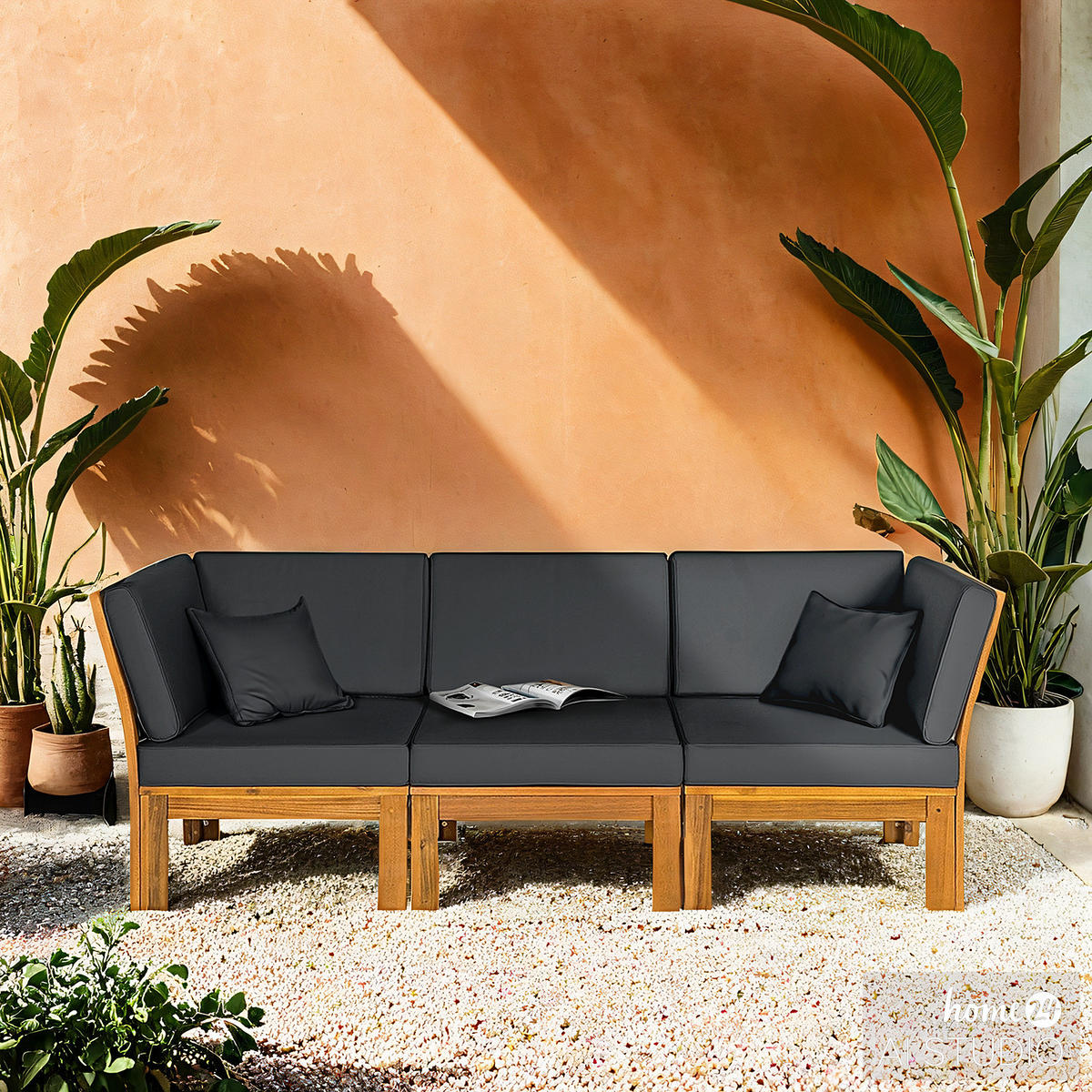LOUNGESOFA - Webstoff / Akazie massiv - 3-teilig - Anthrazit, Holz/Textil - home24