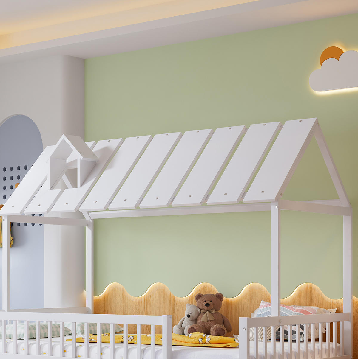 HAUSBETT 120/200 cm und 120/190 cm Weiß mit Rollbett und Dach mit Kaminleiste aus Kiefer+MDF - Weiß, Holzwerkstoff (120/200cm) - OKWISH