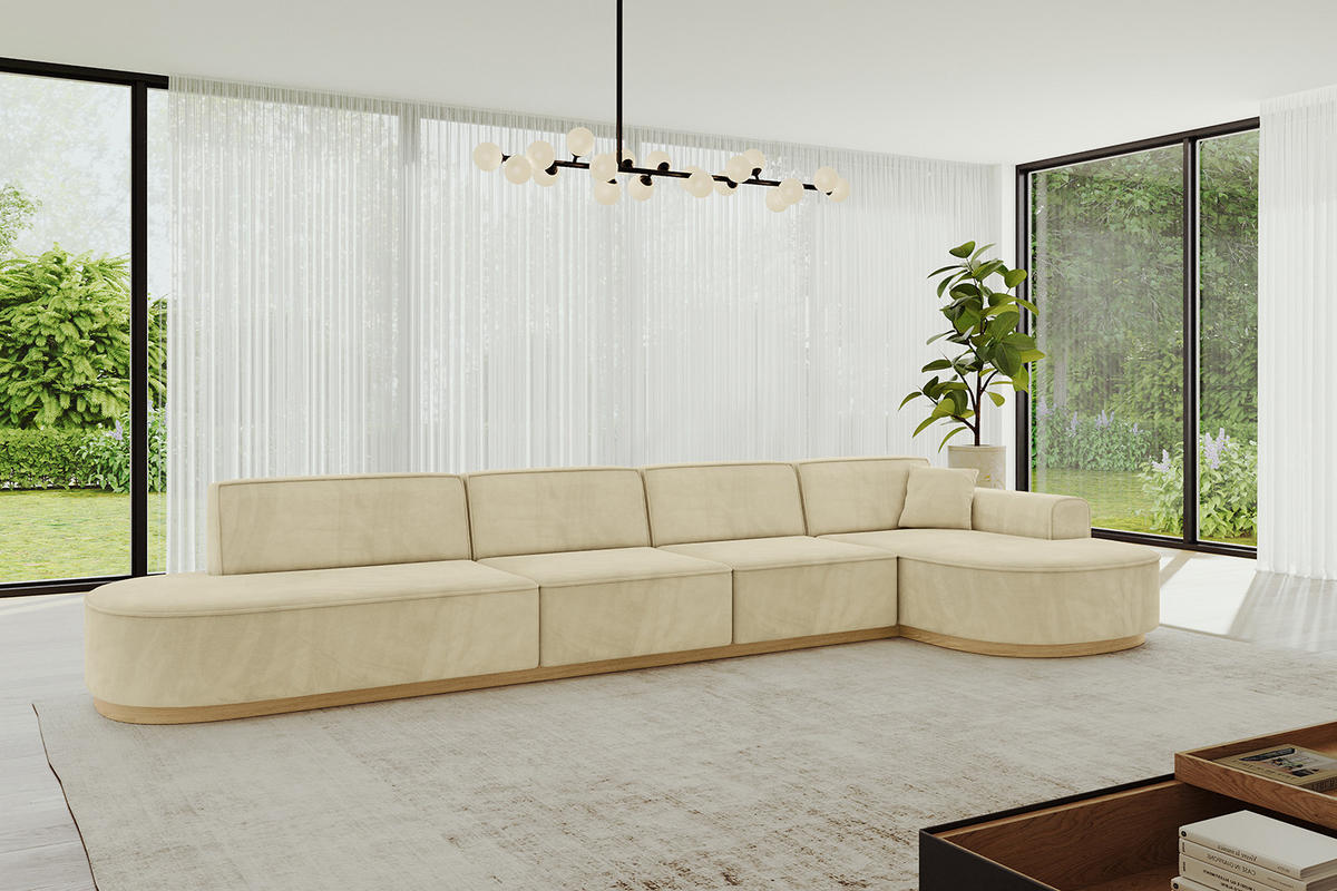 ECKSOFA Ottomane Rechts MARI-L3-v2 - 413x171x83 cm Beige Velours - Beige, Holzwerkstoff/Textil (171/413cm) - ALTDECOR