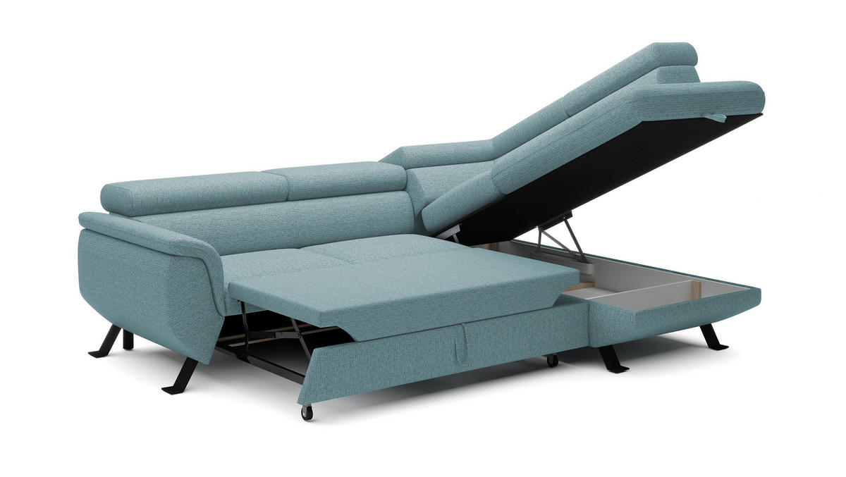 ECKSOFA Raven L mit Schlaffunktion und Bettkasten, Freistehend, Polstersofa mit Verstellbaren Kopfstützen, 257x198x96 cm – Rechte, Hellblau - Hellblau, Holz/Textil (256/198cm) - DomoHome