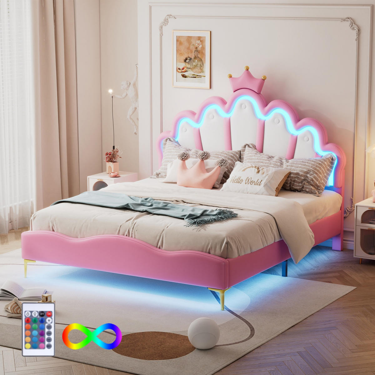 POLSTERBETT 140x200 cm Prinzessin Traum mit Kronen-Kopfteil und intelligenter LED-Beleuchtung, Kunstleder Pink & Weiß - Pink, Textil (140/200cm) - DELFA