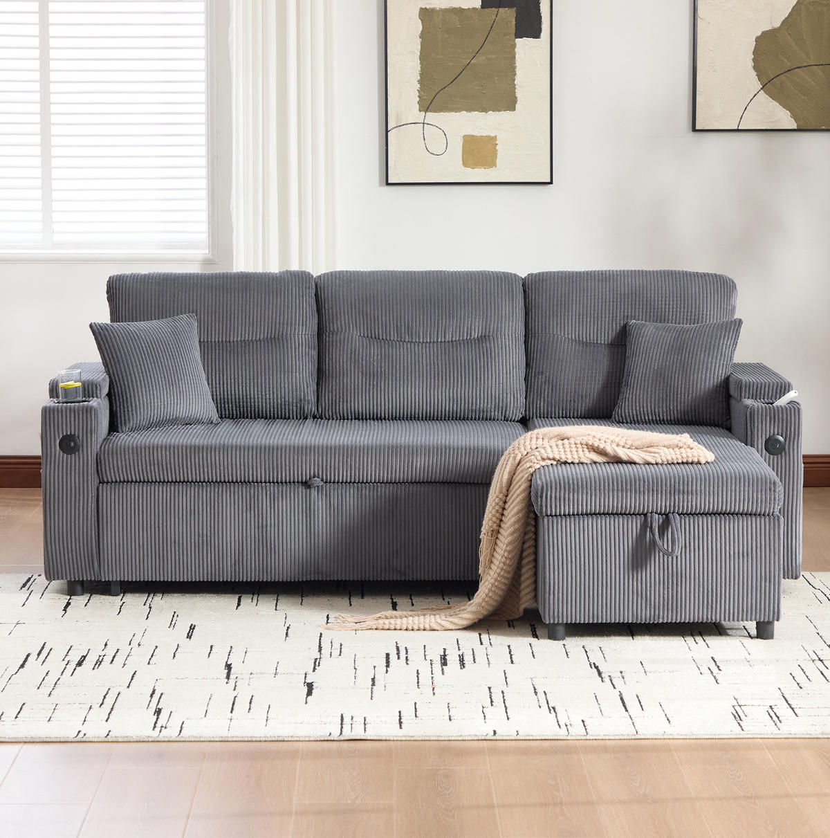 SOFA 212,5/136/86 cm aus Cord mit Stauraum und USB-C - Anthrazit, Textil (136/86/212.5cm) - Flora Grace