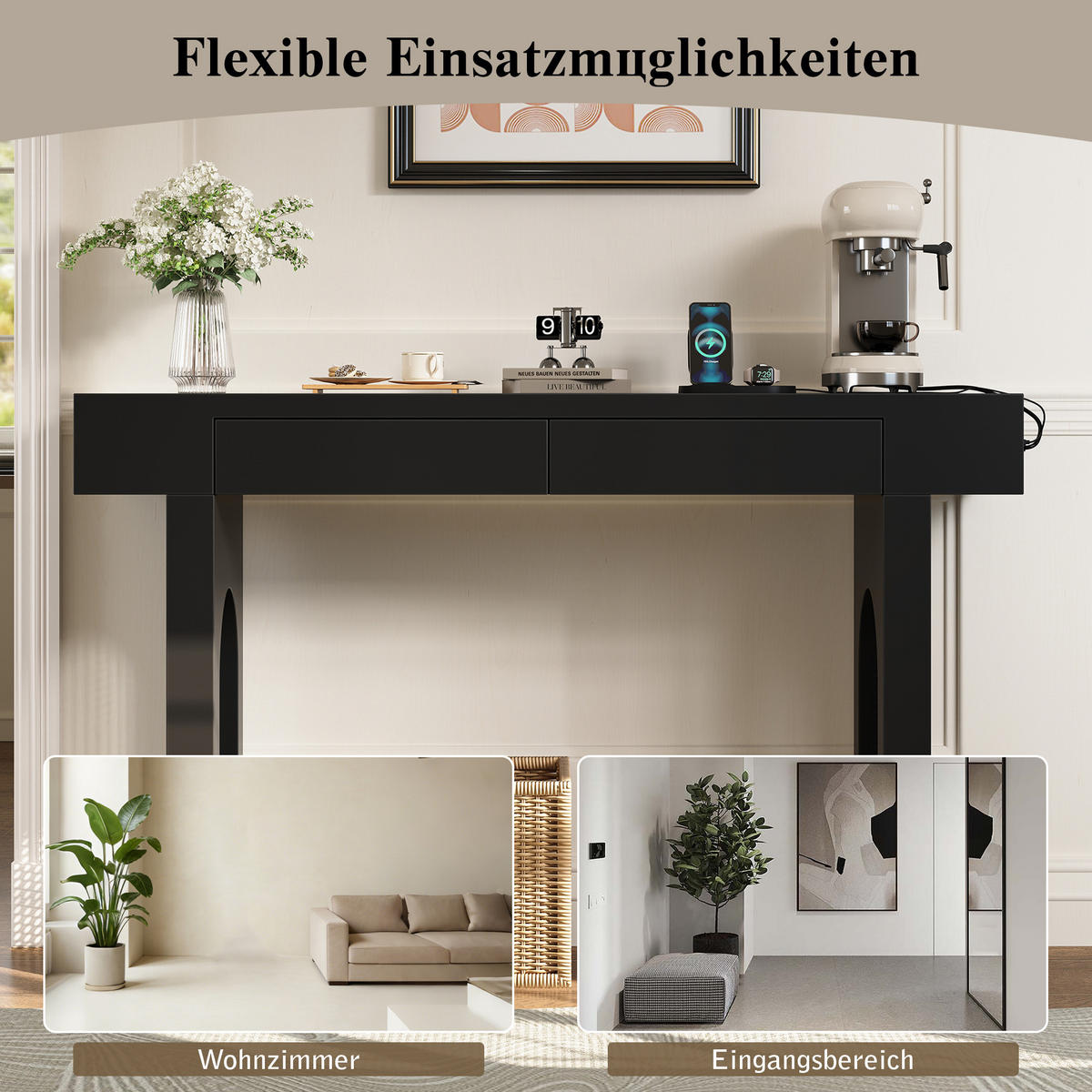 BEISTELLTISCH in Schwarz Konsolentisch mit Schubladen und Steckdosen für Eingangsbereich und Diele, B120/T35.5/H76.5 cm - Schwarz, Holzwerkstoff/Metall (35.5/120/76.5cm) - STILVORA