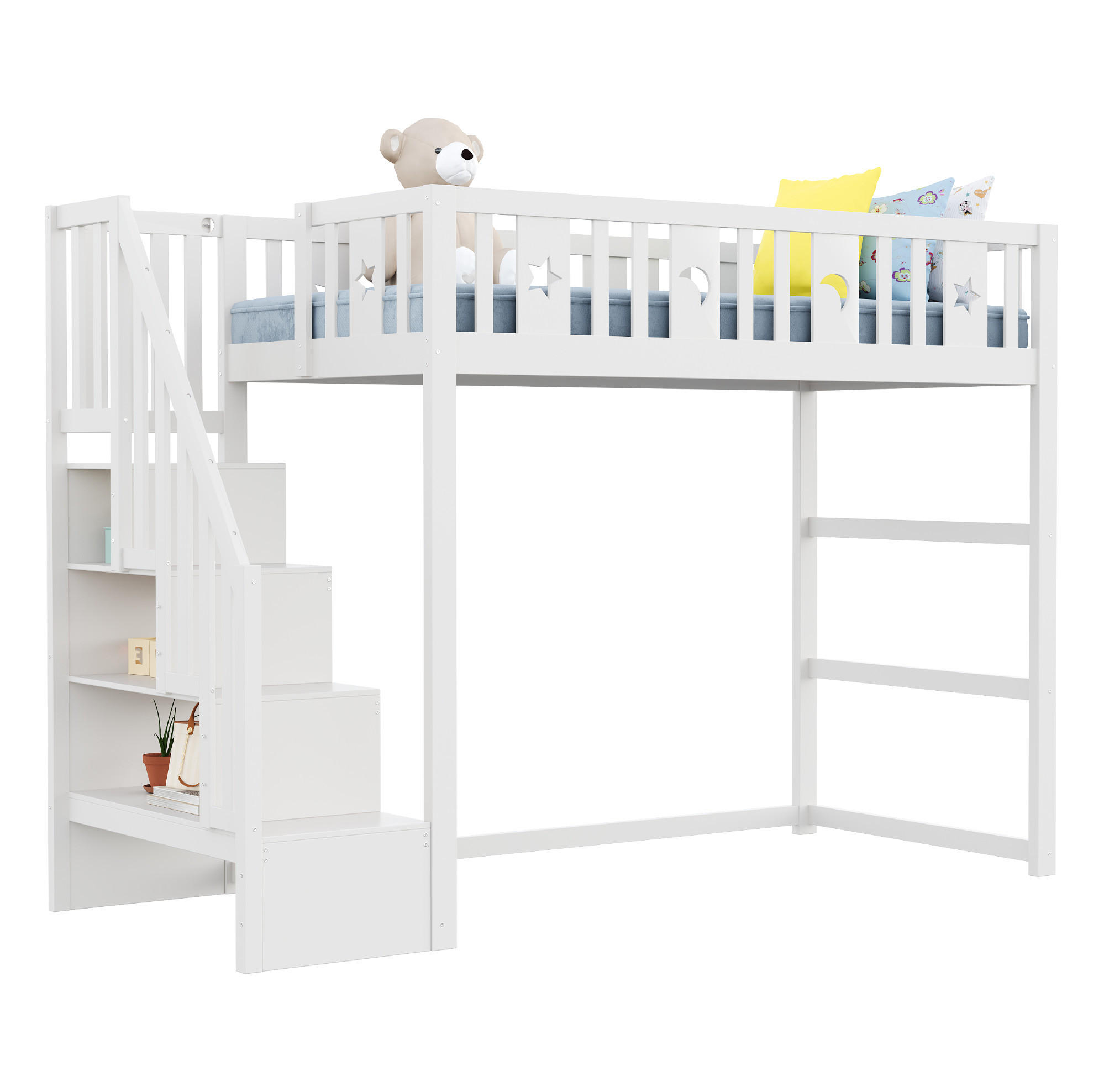 ETAGENBETT 90/200 cm Weiß aus Massivholz mit Treppe und Regal - Weiß, Holzwerkstoff (90/200cm) - OKWISH