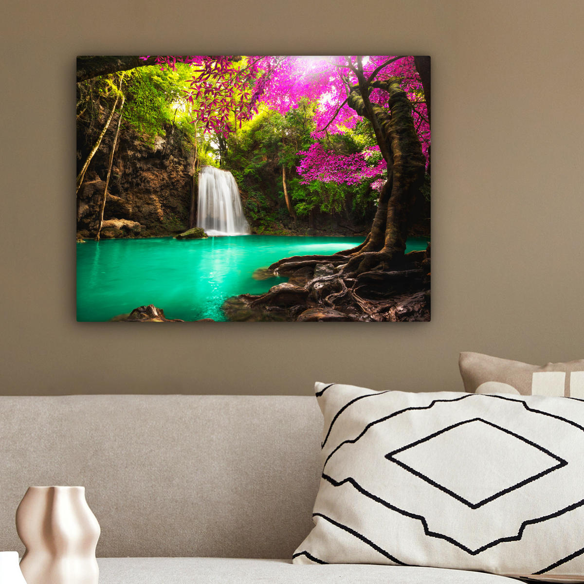 LEINWANDBILD Wasserfall mit bunten Blumen und Bäumen - Natur - Dschungel 40x30 cm - Waldgrün, Textil (40/30cm) - MuchoWow