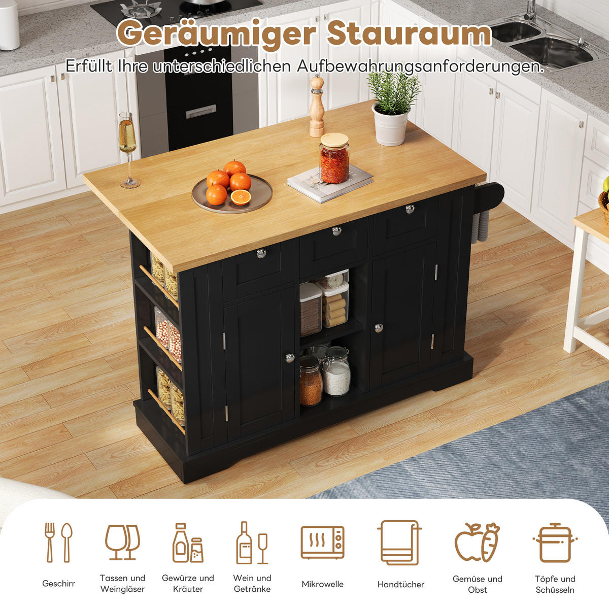 KÜCHENINSEL 132x70x87cm Schwarz Spanplatte mit Steckdose,Ausziehplatte & Rollen - Schwarz, Holzwerkstoff (132/87/70cm) - Modfu