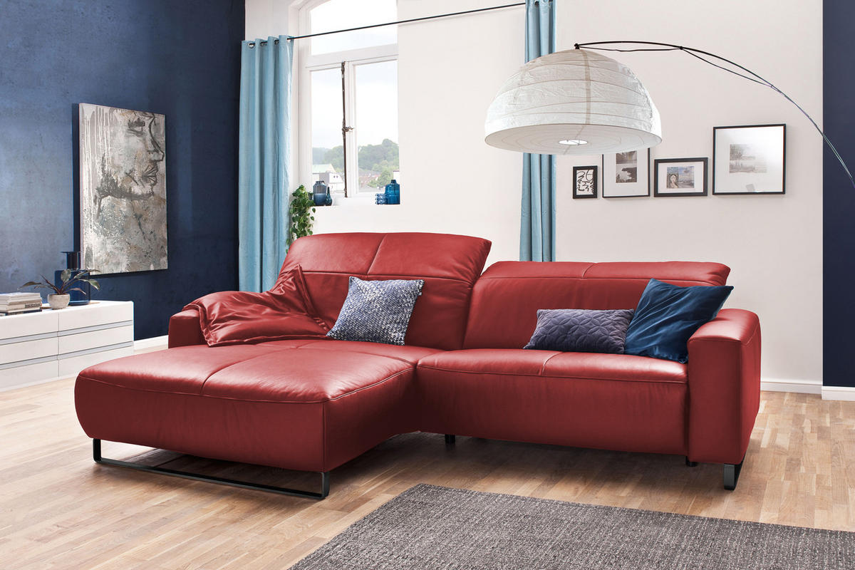 ECKSOFA MIT SITZTIEFENVERSTELLUNG YORK Hochglanz Rot Leder - Schwarz/Kirschrot, Leder (284/180cm) - KAWOLA