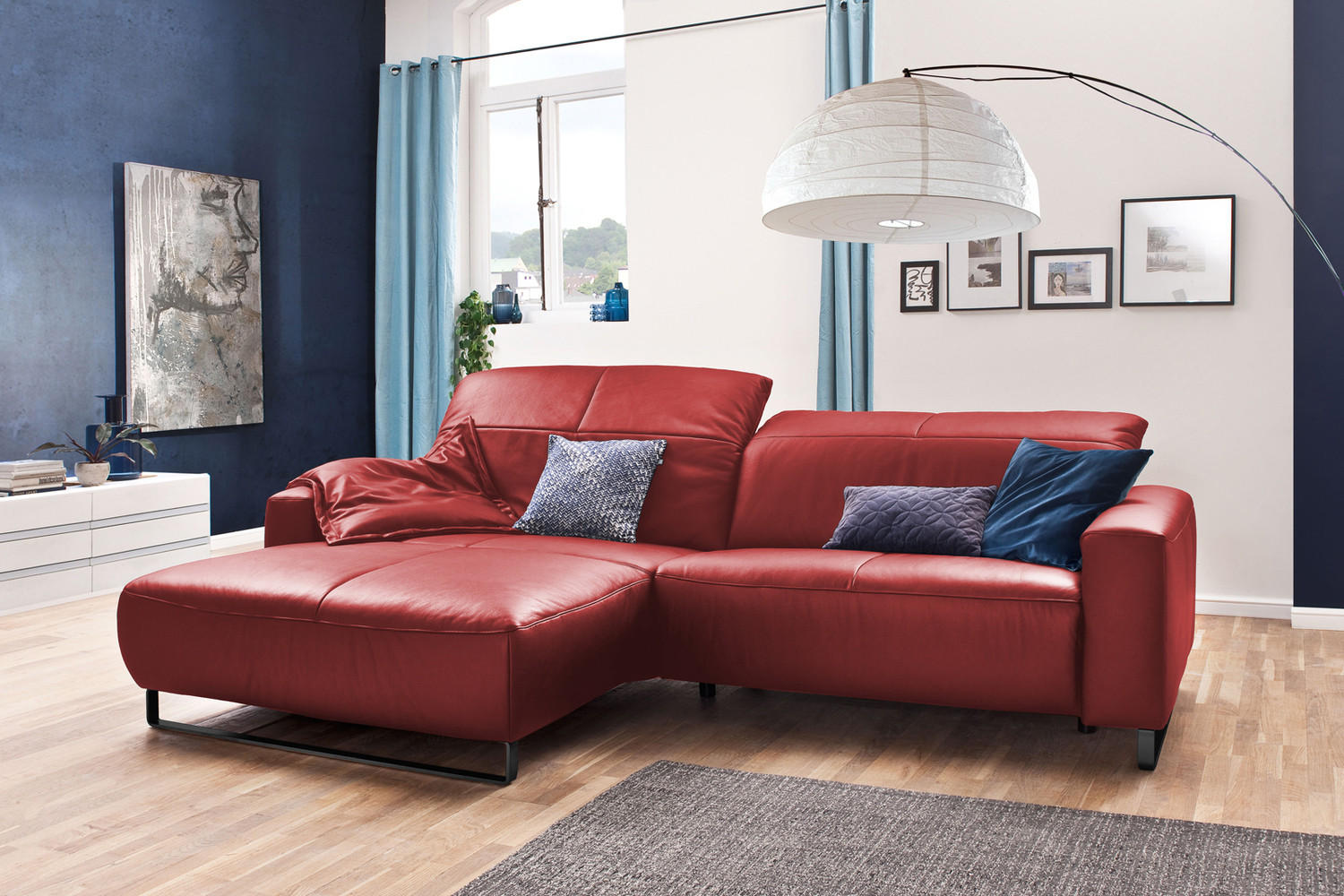 Thumbnail - Kawola Ecksofa, Kirschrot, Schwarz, Leder, Echtholz, 3-Sitzer, Füllung: Komfortschaum, Ottomane links, L-Form, 284x180 c...