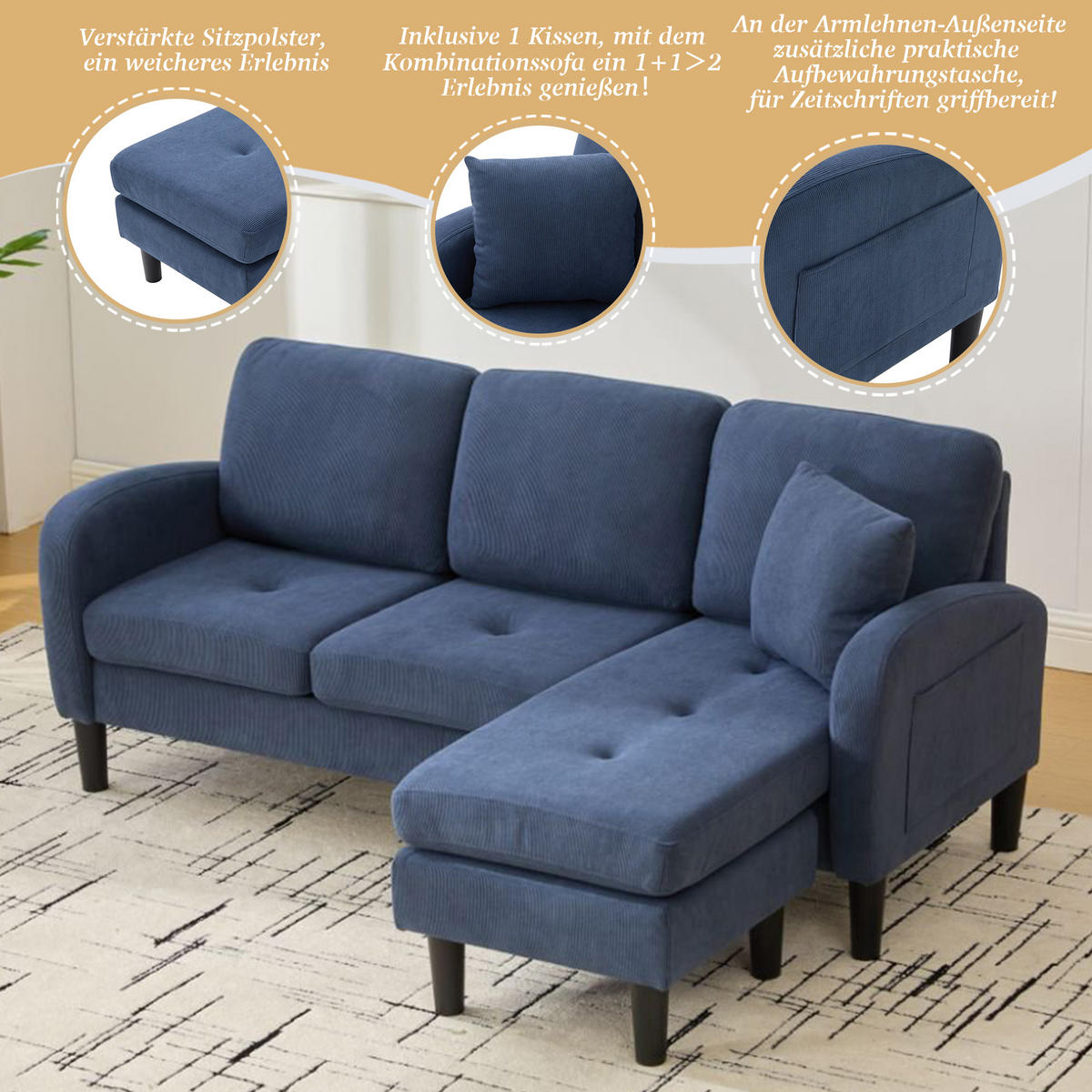 ECKSOFA L-Form Cord mit modularer Chaiselongue Blau 166/118/77 cm - Blau, Textil (166/118cm) - Redom