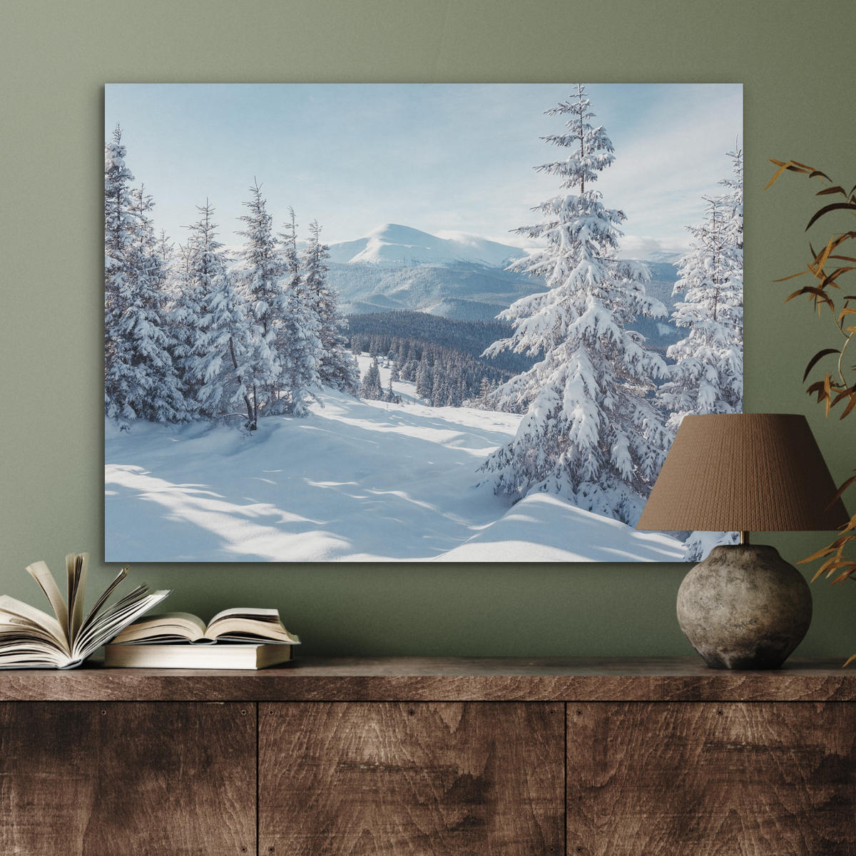 AKUSTIKPANEEL Winterlandschaft - Natur - Berge - Bäume - Schnee 80x60 cm - Hellblau, Textil (80/0.9/60cm) - MuchoWow