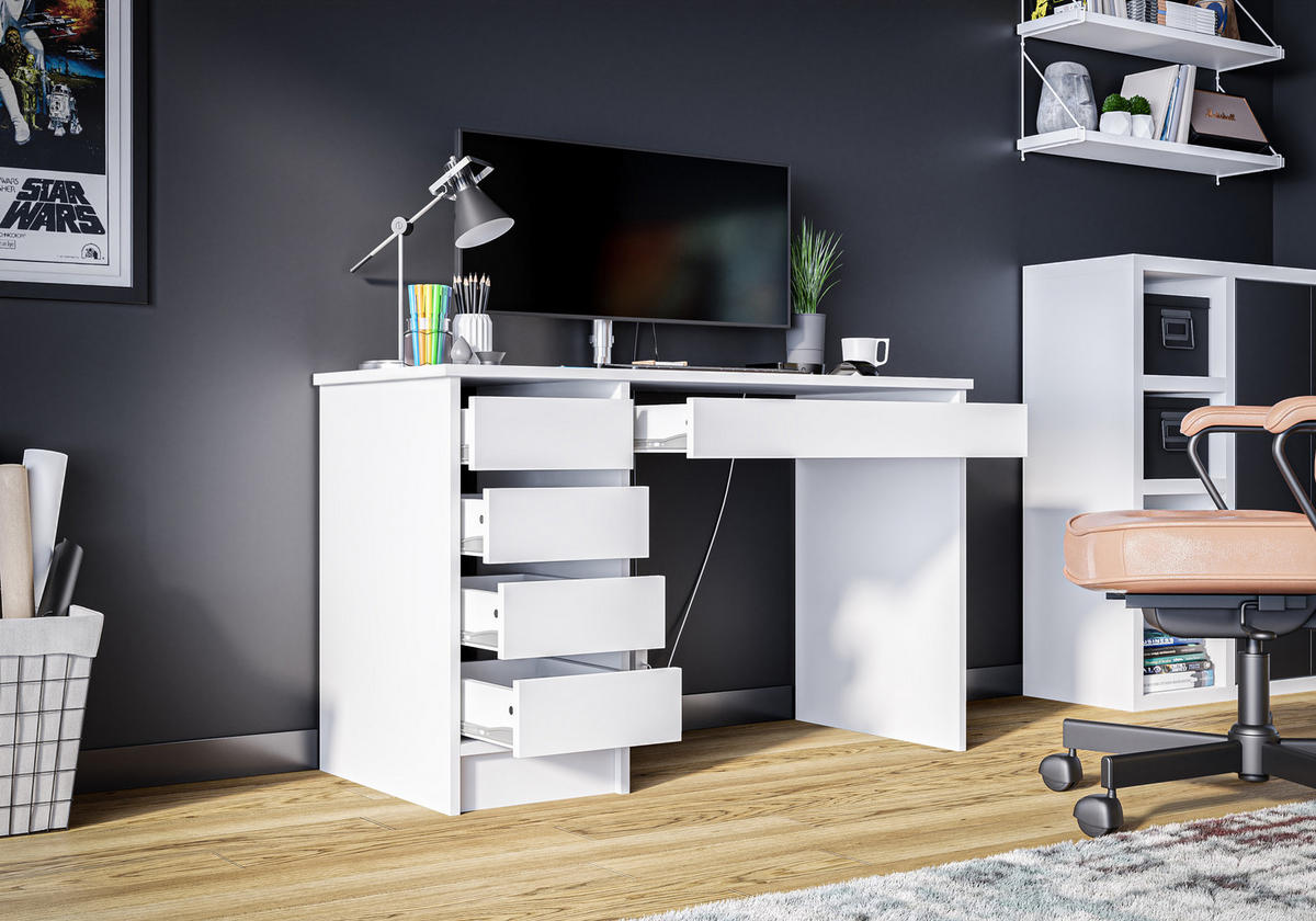 SCHREIBTISCH Offesio 5S Weiß 120/75/55 cm – modern mit Schubladen - Weiß, Holzwerkstoff (55/120/75cm) - AX Living