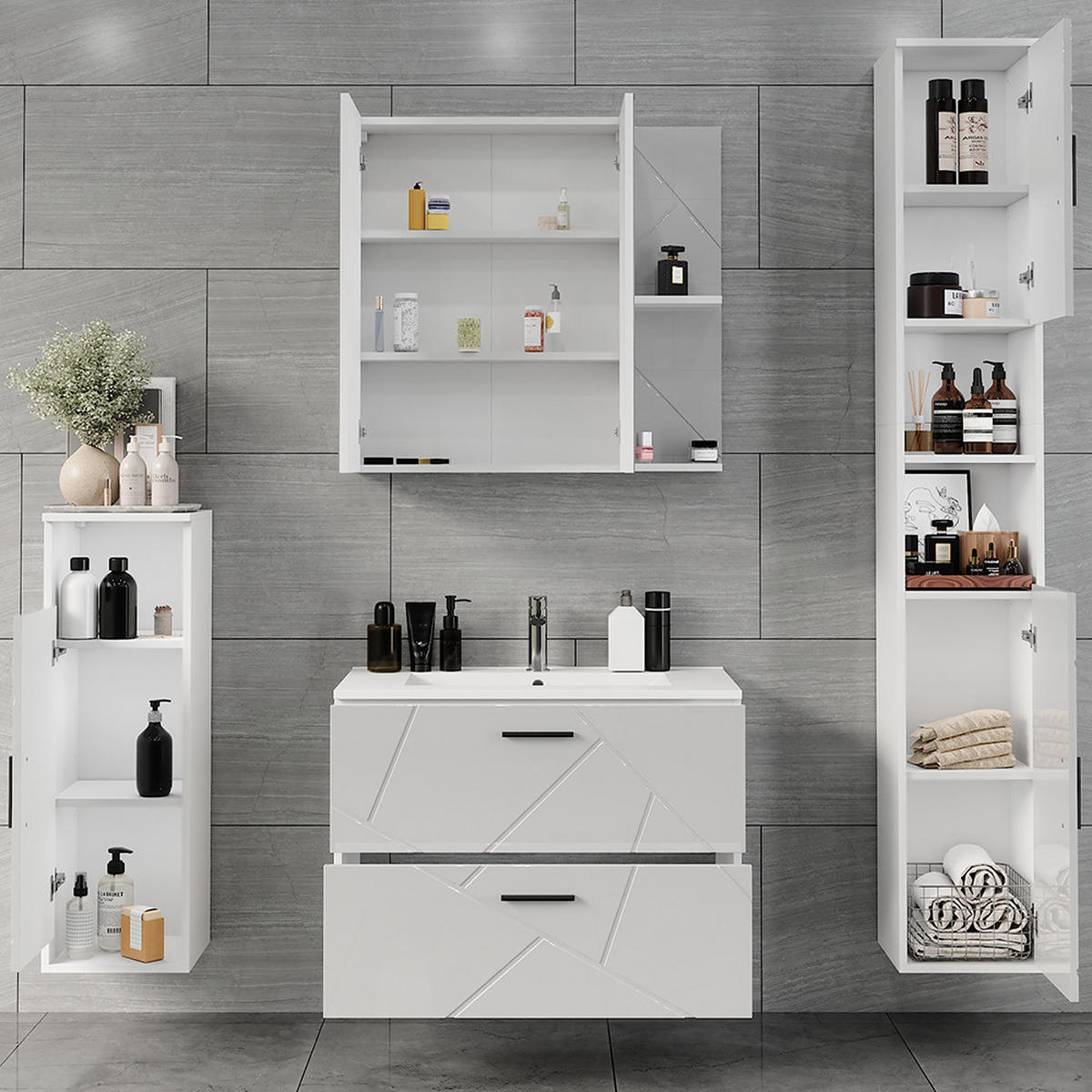 KOUPELNOVÁ SESTAVA NÁBYTKU Irma Bílá/bílý vysoký lesk - vysoce lesklá bílá, kompozitní dřevo (80/57/44.6cm) - Vicco