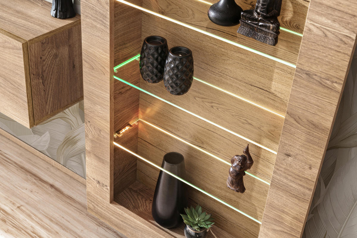 HÄNGEVITRINE COMO, sechs Glasböden, LED mehrfarbige Beleuchtung, Honigeiche/Trüffeleichefarben - Honigeiche/Trüffeleichefarben, Glas/Holzwerkstoff (71/178/19cm) - Komodee