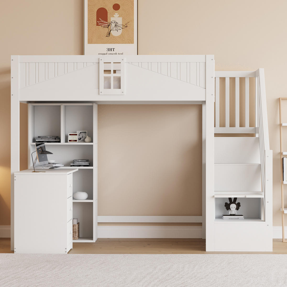 HOCHBETT 90/200 cm aus Massivholz mit integriertem Schreibtisch und Stauraum in Weiß - Weiß, Holz (90/200cm) - OKWISH