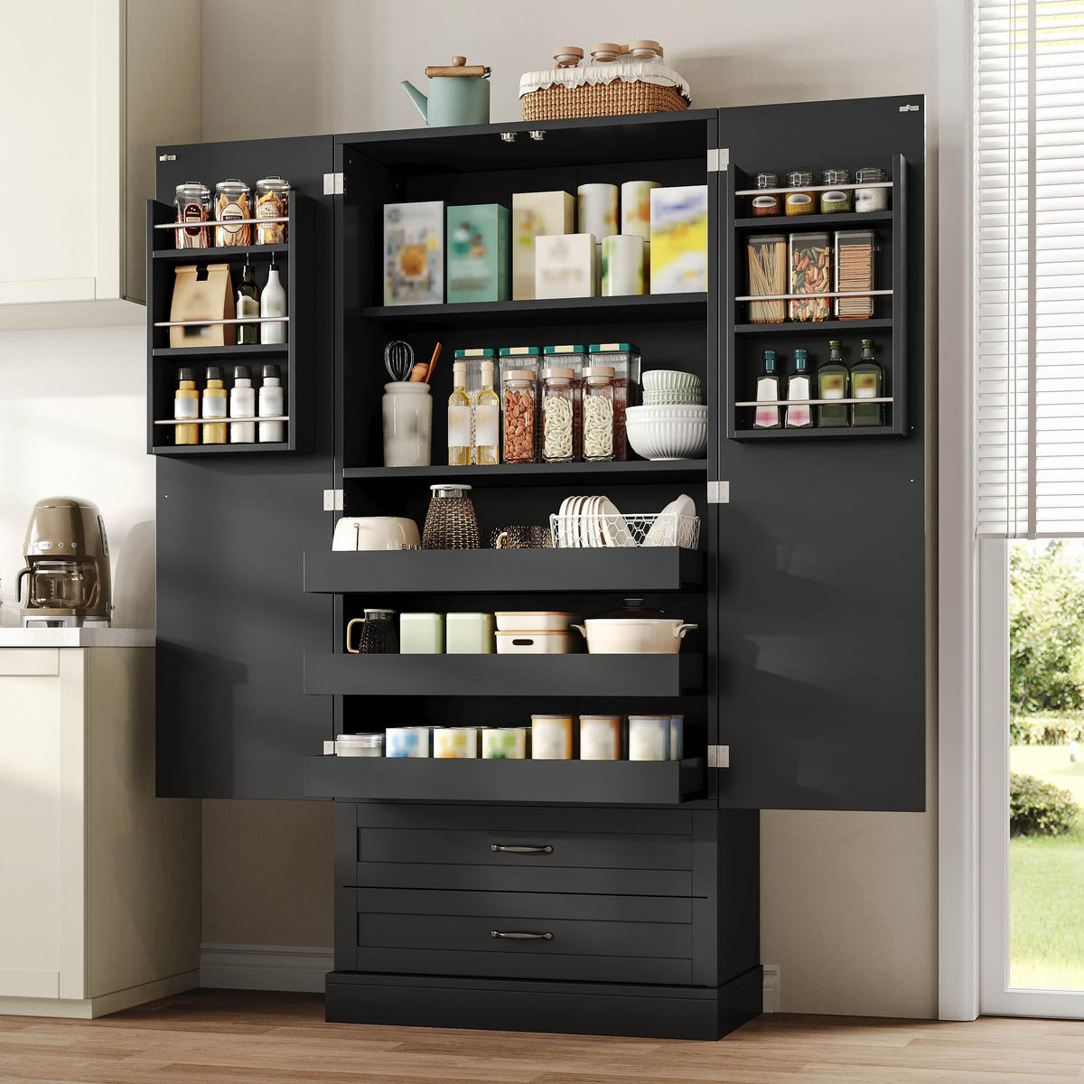 GESCHIRRSCHRANK 180 cm MDF Schwarz mit Ausziehböden und Türregalen - Schwarz, Holzwerkstoff (37.5/180/80cm) - Korfee