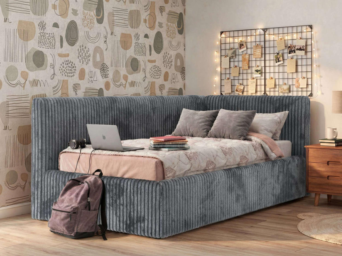 POLSTERBETT TILVO 90/200 - Grau Cord - Ohne Matratze - Rechts - Grau, Textil (200/90cm) - MKS