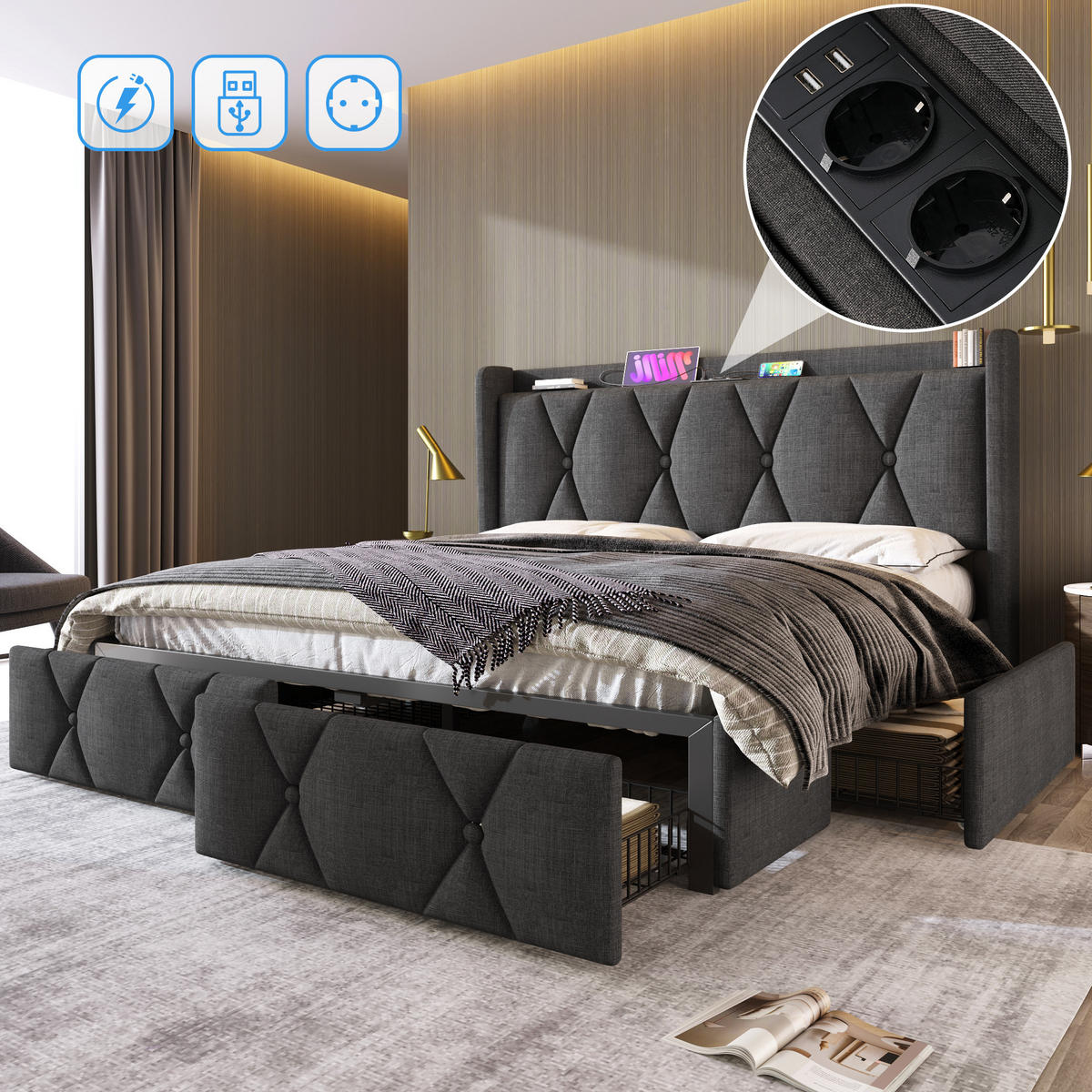 POLSTERBETT 140/200 mit Steckdose, USB, 4 Schubladen, Holzlattenrost und Matratze in Grau - Grau, Holzwerkstoff/Textil (140/200cm) - EVRYAE
