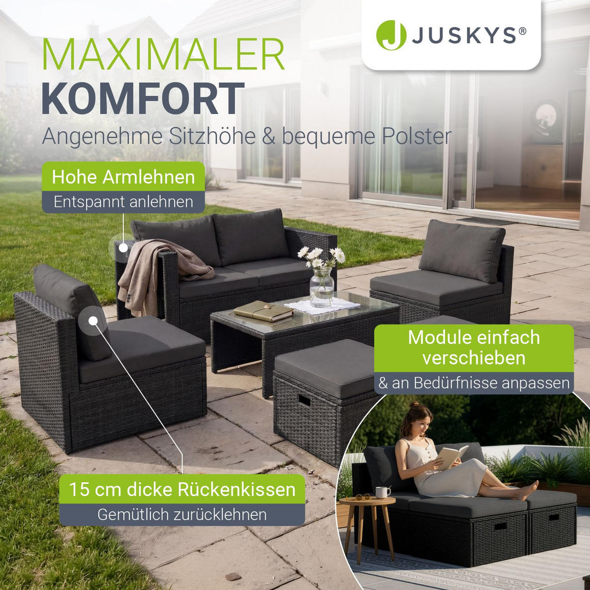 LOUNGEGARNITUR Salou inkl. Abdeckung schwarz - Schwarz, Kunststoff - Juskys