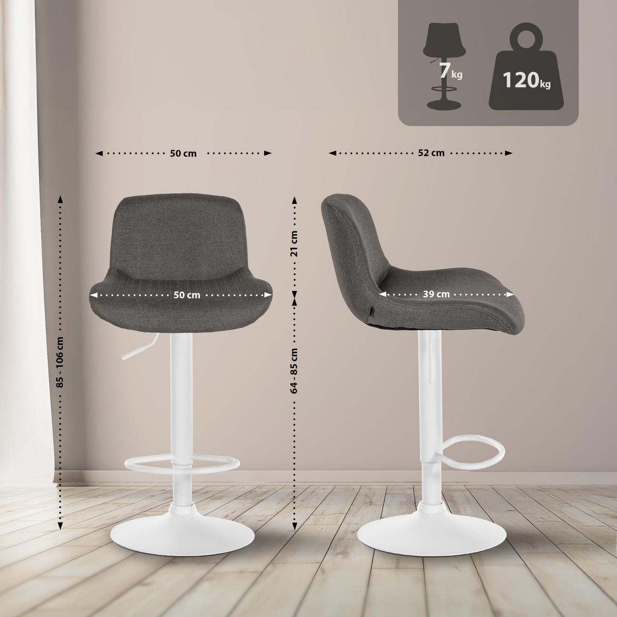 BARHOCKER 2er Set Stoff Dunkelgrau - Dunkelgrau/Weiß, Textil/Metall (50/85/50cm) - CLP