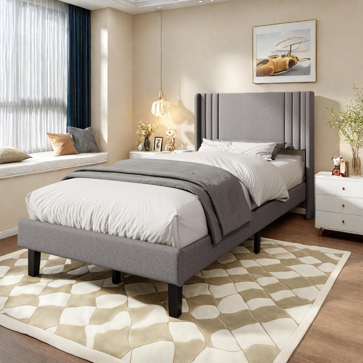 POLSTERBETT 90/200 cm Grau mit gepolstertem Kopfteil - Grau, Holz (90/200cm) - SHOPENTRA
