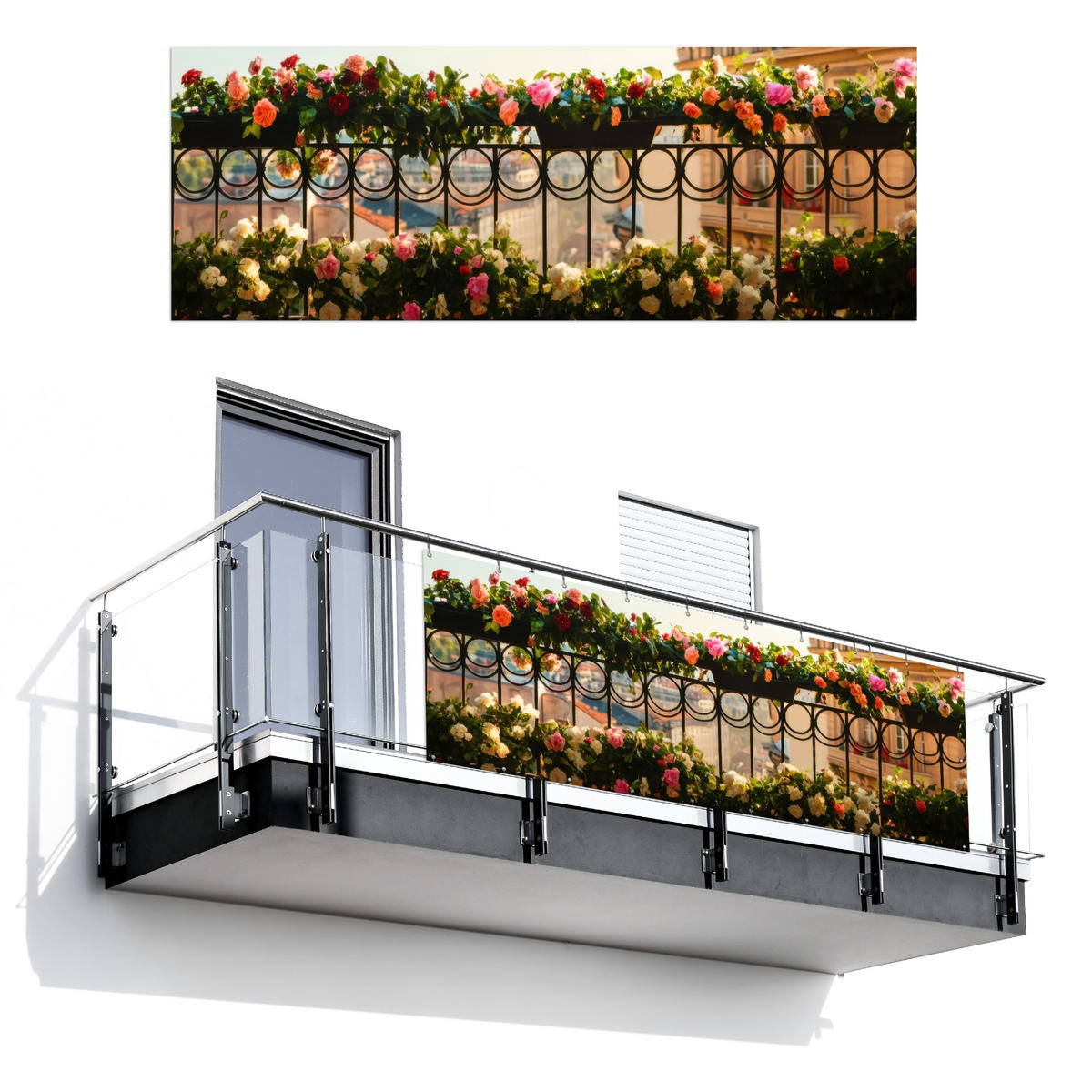 BALKON-SICHTSCHUTZ Blumen - Zaun - Stadtbild - Sommer - Pink, Kunststoff (300/110cm) - MuchoWow