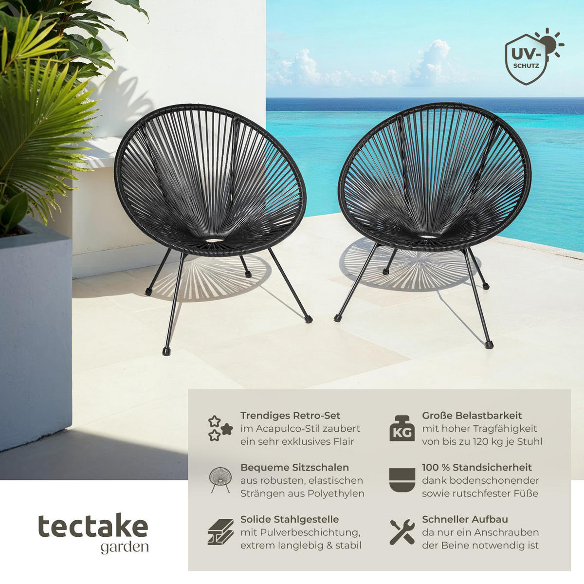 GARTENSTUHL 2er Set Santana,Belastbarkeit 120 kg, 70,5 x 69 x 78 cm,schwarz - Schwarz, Metall (70.5/78/69cm) - tectake