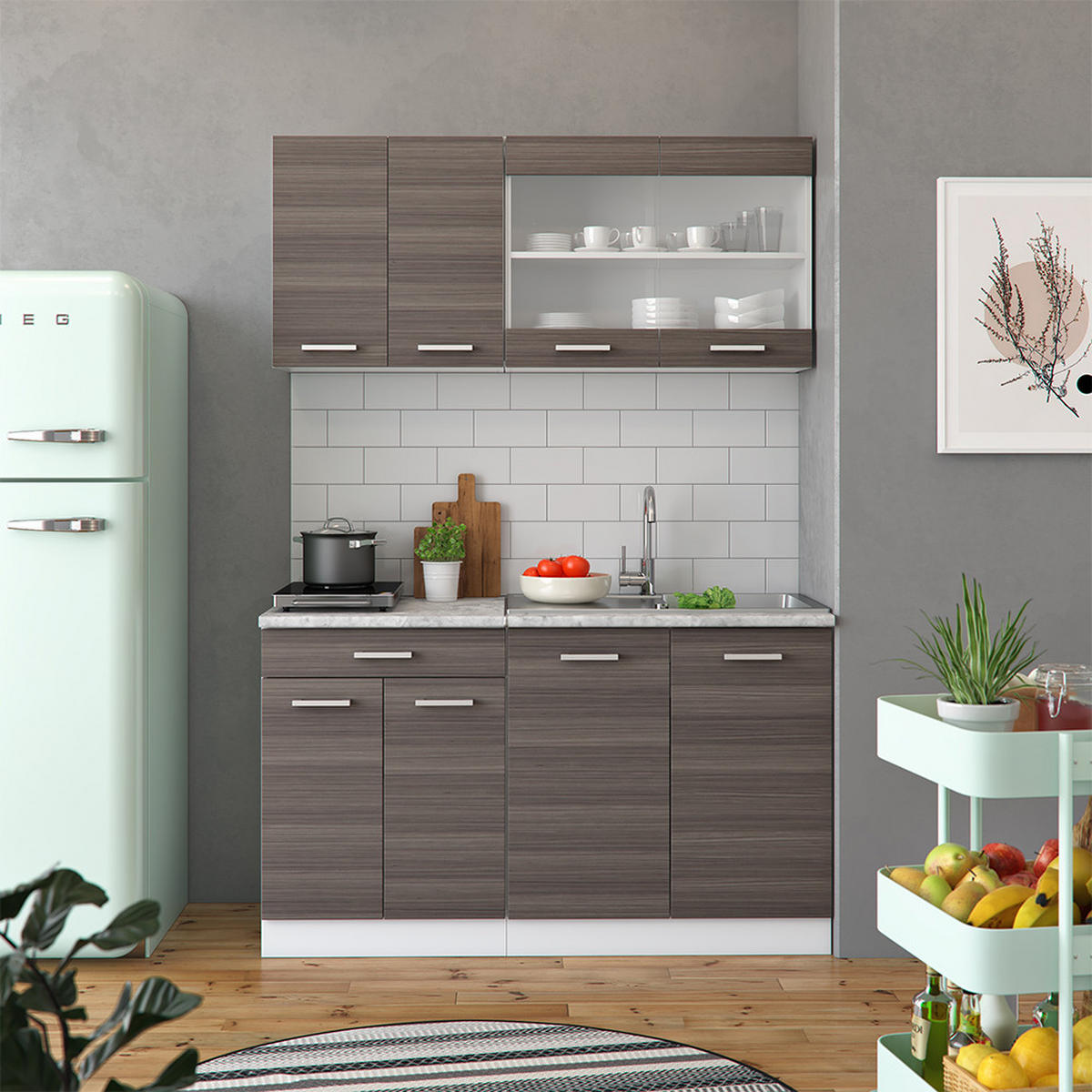 SINGLEKÜCHE R-Line Edelgrau/Weiß 140 cm, AP Anthrazit - Braun/Weiß, Holzwerkstoff (140/81.6/60cm) - Vicco