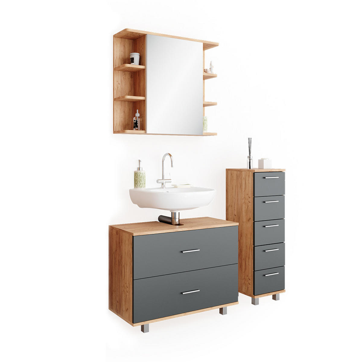 BADMÖBEL-SET Ilias Anthrazit/Goldkraft Eiche 3 Teile mit Unterschrank 80 cm - Honigeiche/Anthrazit, Holzwerkstoff (80/60/33cm) - Vicco