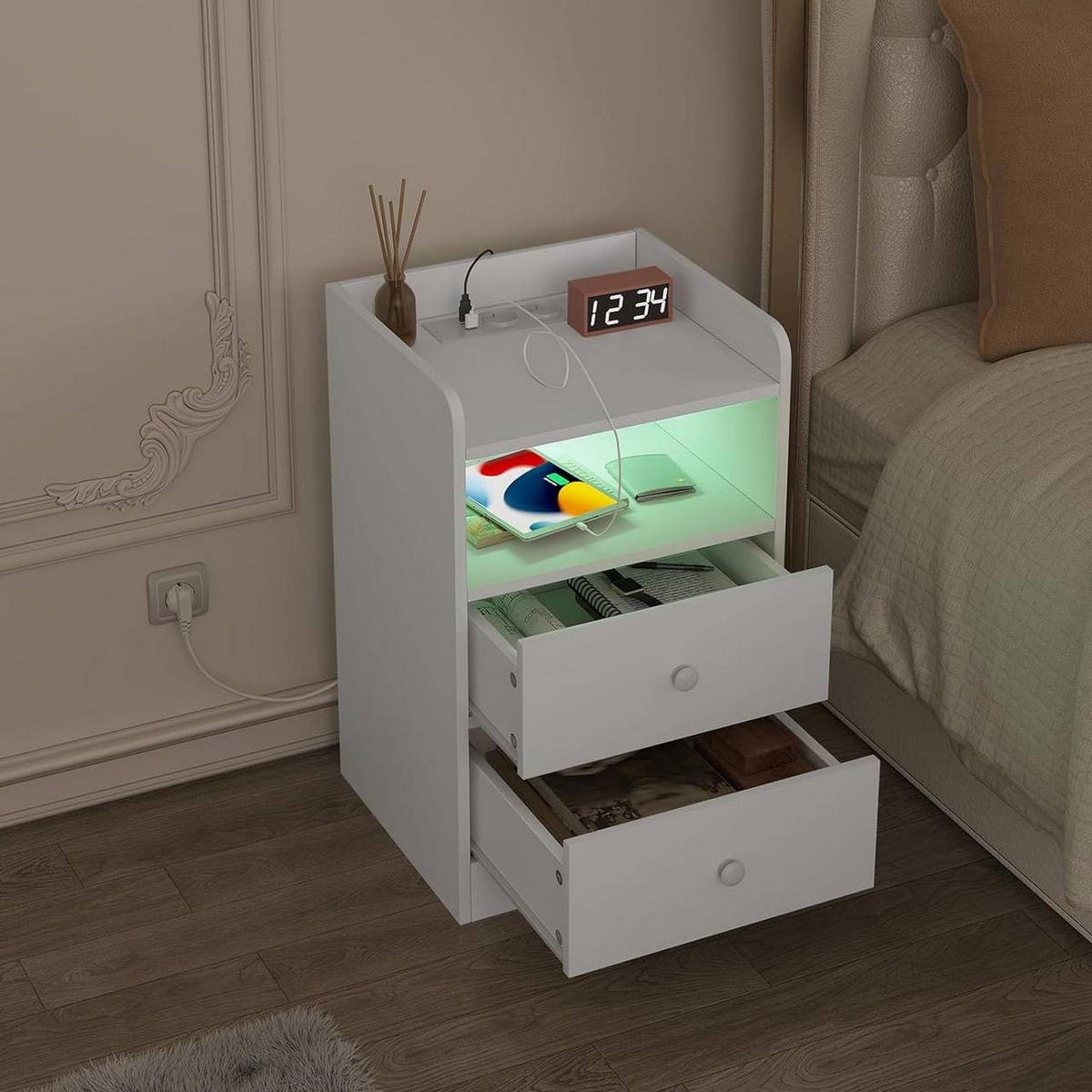 NACHTTISCH 2er Set mit LED-Licht, 2 Steckdosen , Holz, Weiß - Weiß, Holzwerkstoff (40/64/35cm) - Woltu
