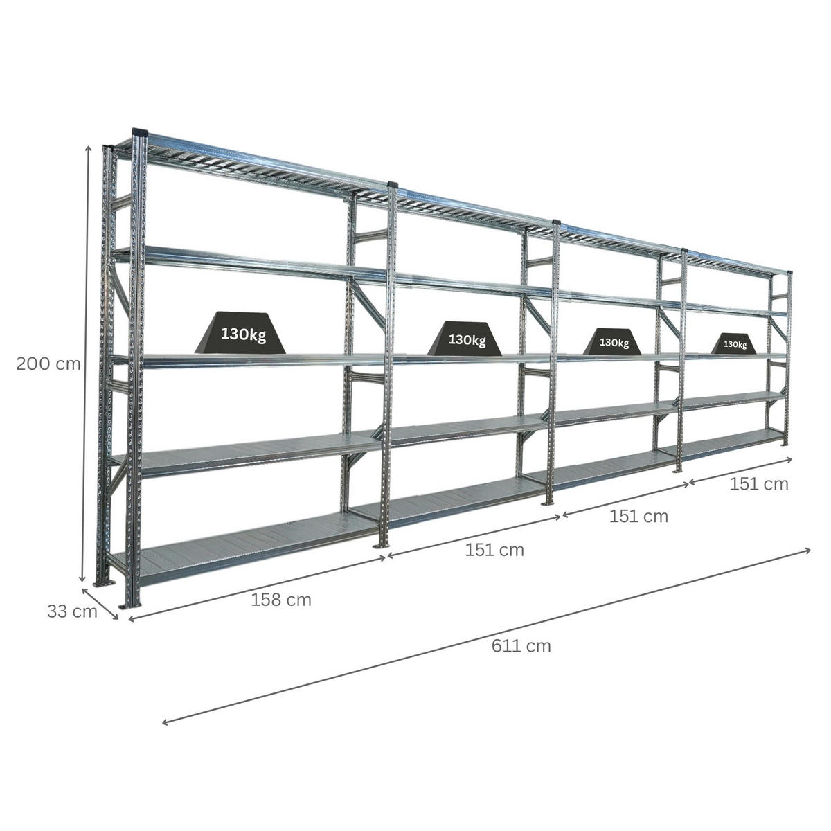 FACHBODENREGAL Proximo Stecksystem 200x600x32cm 5 Ebenen Fachlast 130 kg Beidseitig nutzbar Verzinkt - Silberfarben, Metall (600/200/32cm) - PROREGAL