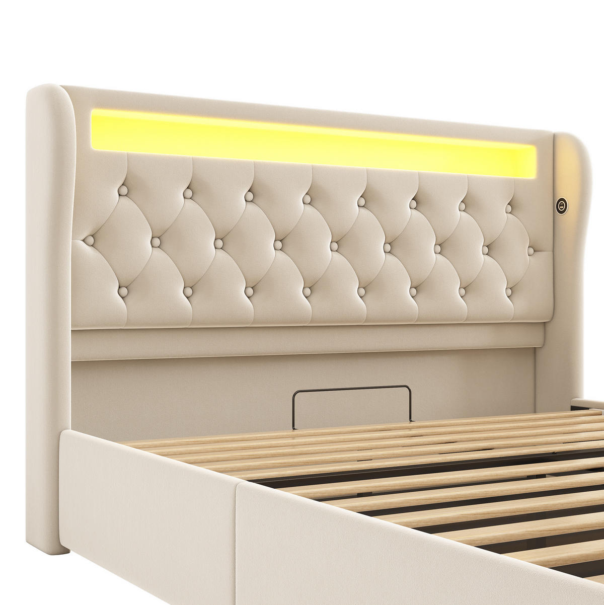 POLNJENA postelja iz žameta 140x200 cm bež z LED osvetlitvijo, USB in Type-C priključki ter hidravličnim predalom - bež, tekstil (140/200cm) - Modfu