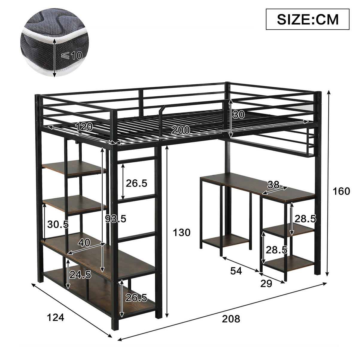HOCHBETT aus Metall und Holzwerkstoff 120x200 cm Schwarz/Dunkler Walnuss mit Schreibtisch, Ablagefläche und 4-stufiger Leiter - Schwarz, Metall (120/200cm) - Modfu