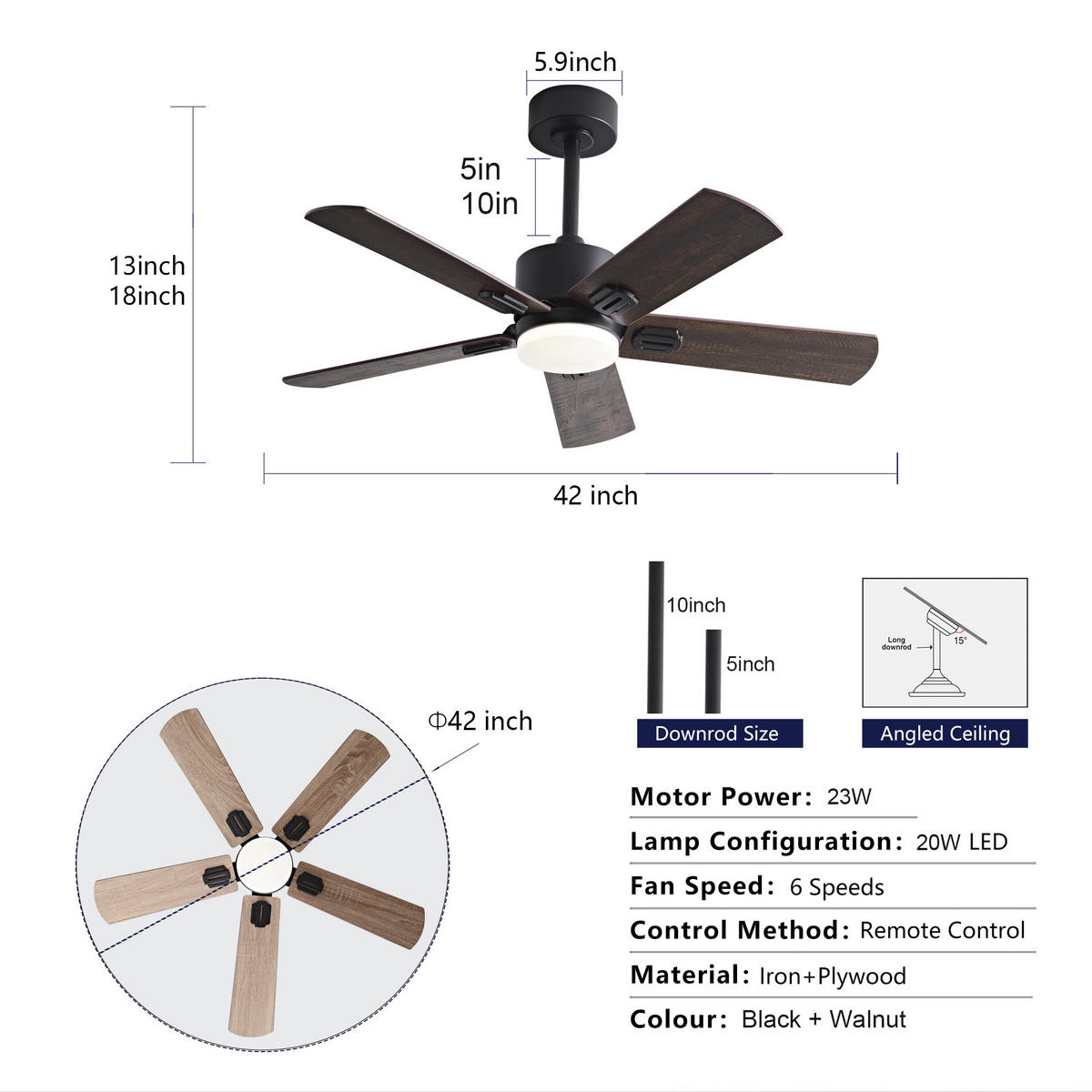 DECKENVENTILATOR DE-16245 42 Zoll mit Doppelfinish & Fernbedienung Schwarz - Walnussfarben, Holz/Metall (107/107/45cm) - ComfortXL